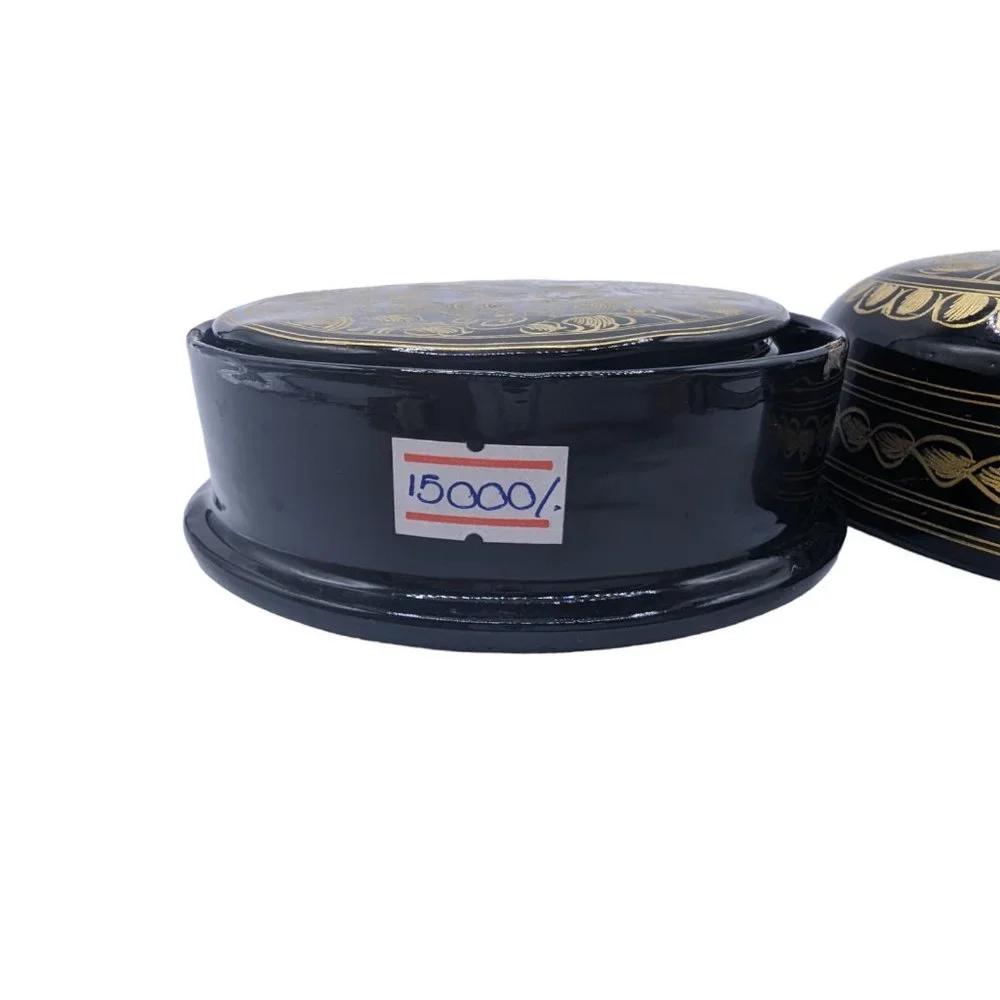 Vtg Kashmiri Hand Printed Lacquerware Box With 6 Coasters Black And Gold